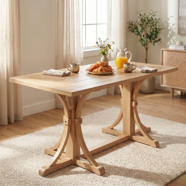 English Elm Trexm Farmhouse Dining Table Seats Six with Trestle Base and Oak Veneer Finish Natural Wood Wash N715P475469D