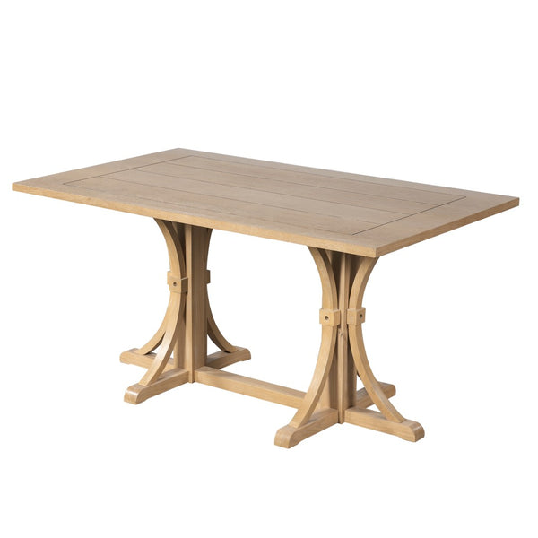 English Elm Trexm Farmhouse Dining Table Seats Six with Trestle Base and Oak Veneer Finish Natural Wood Wash N715P475469D