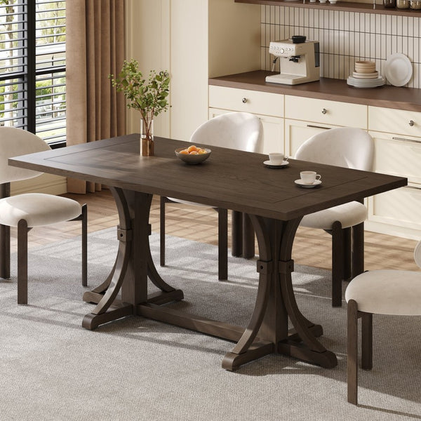 English Elm Trexm Farmhouse Dining Table Seats Six with Trestle Base and Oak Veneer Finish Espresso N715P475469P
