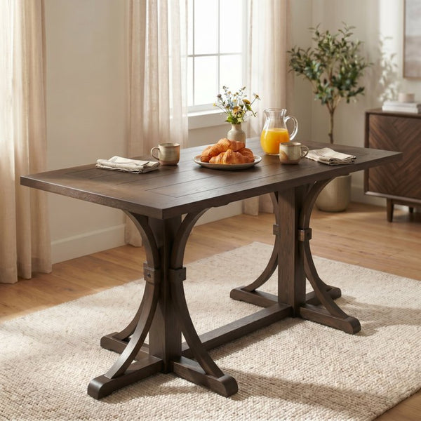 English Elm Trexm Farmhouse Dining Table Seats Six with Trestle Base and Oak Veneer Finish Espresso N715P475469P