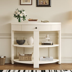 English Elm Trexm Fluted Demi Lune Console Table Birch Veneer Drawer Open Shelves Entryway N715P482243A