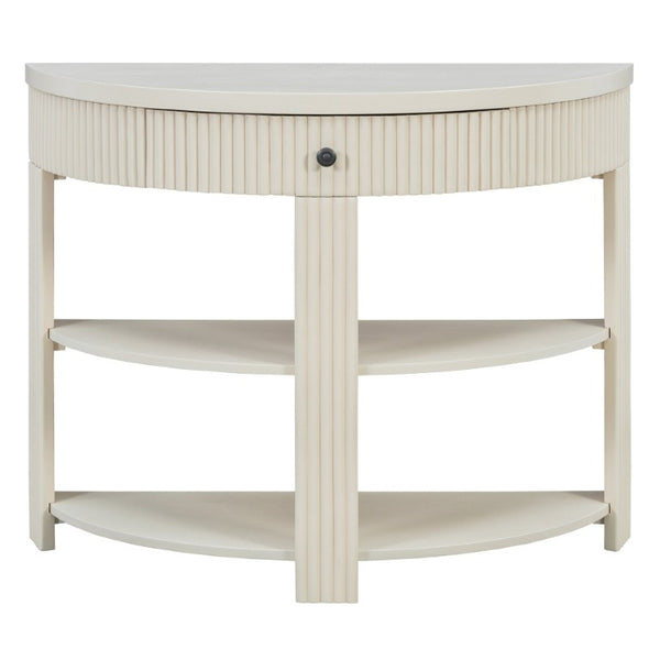 English Elm Trexm Fluted Demi Lune Console Table Birch Veneer Drawer Open Shelves Entryway N715P482243A
