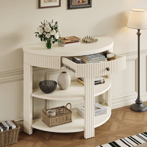 English Elm Trexm Fluted Demi Lune Console Table Birch Veneer Drawer Open Shelves Entryway N715P482243A
