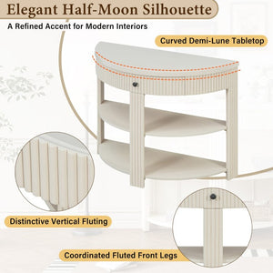 English Elm Trexm Fluted Demi Lune Console Table Birch Veneer Drawer Open Shelves Entryway N715P482243A