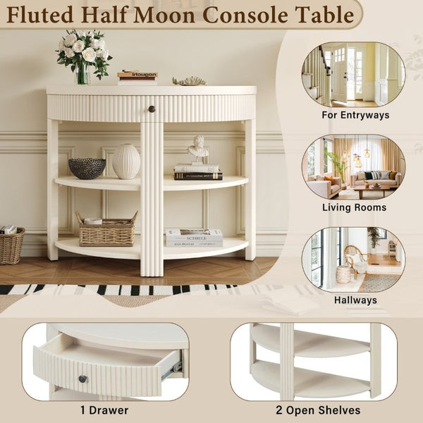 English Elm Trexm Fluted Demi Lune Console Table Birch Veneer Drawer Open Shelves Entryway N715P482243A