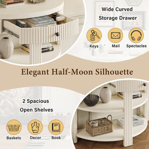 English Elm Trexm Fluted Demi Lune Console Table Birch Veneer Drawer Open Shelves Entryway N715P482243A