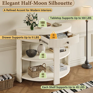 English Elm Trexm Fluted Demi Lune Console Table Birch Veneer Drawer Open Shelves Entryway N715P482243A