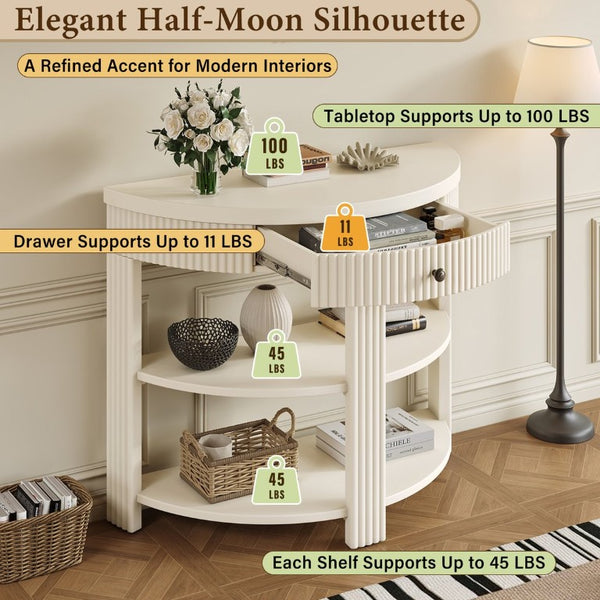 English Elm Trexm Fluted Demi Lune Console Table Birch Veneer Drawer Open Shelves Entryway N715P482243A