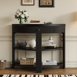 English Elm Trexm Fluted Half Moon Entryway Console with Birch Veneer Drawer and Open Shelving Black N715P482243B