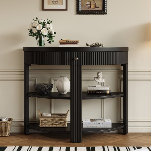 English Elm Trexm Fluted Half Moon Entryway Console with Birch Veneer Drawer and Open Shelving Black N715P482243B