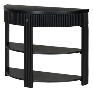 English Elm Trexm Fluted Half Moon Entryway Console with Birch Veneer Drawer and Open Shelving Black N715P482243B
