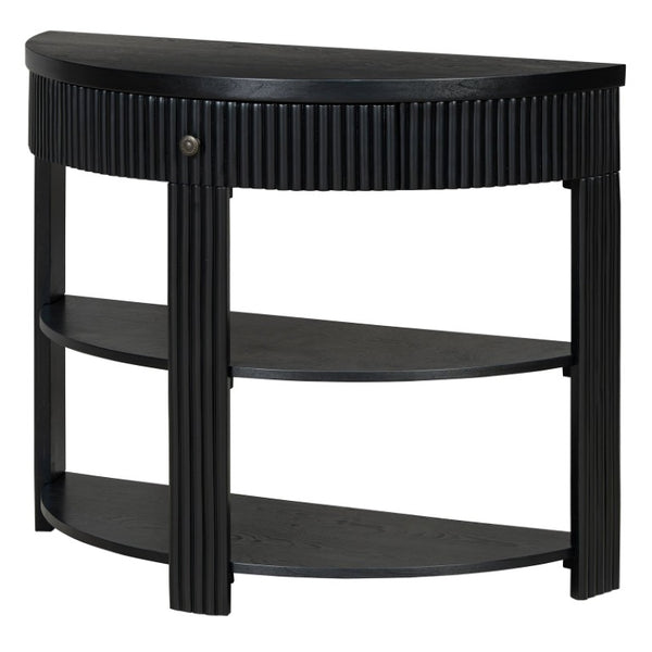 English Elm Trexm Fluted Half Moon Entryway Console with Birch Veneer Drawer and Open Shelving Black N715P482243B