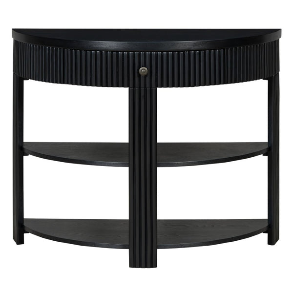 English Elm Trexm Fluted Half Moon Entryway Console with Birch Veneer Drawer and Open Shelving Black N715P482243B