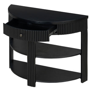 English Elm Trexm Fluted Half Moon Entryway Console with Birch Veneer Drawer and Open Shelving Black N715P482243B