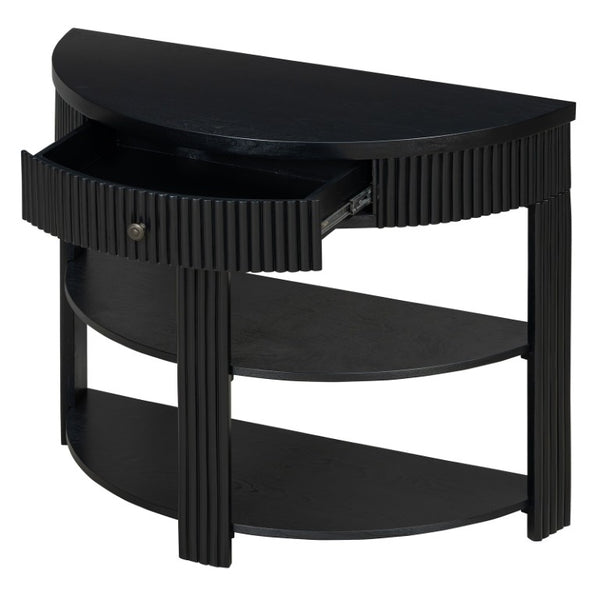English Elm Trexm Fluted Half Moon Entryway Console with Birch Veneer Drawer and Open Shelving Black N715P482243B