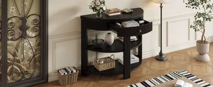 English Elm Trexm Fluted Half Moon Entryway Console with Birch Veneer Drawer and Open Shelving Black N715P482243B