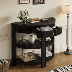 English Elm Trexm Fluted Half Moon Entryway Console with Birch Veneer Drawer and Open Shelving Black N715P482243B