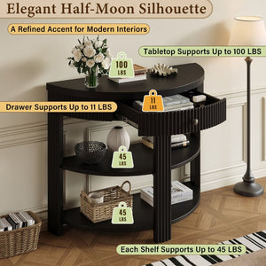 English Elm Trexm Fluted Half Moon Entryway Console with Birch Veneer Drawer and Open Shelving Black N715P482243B