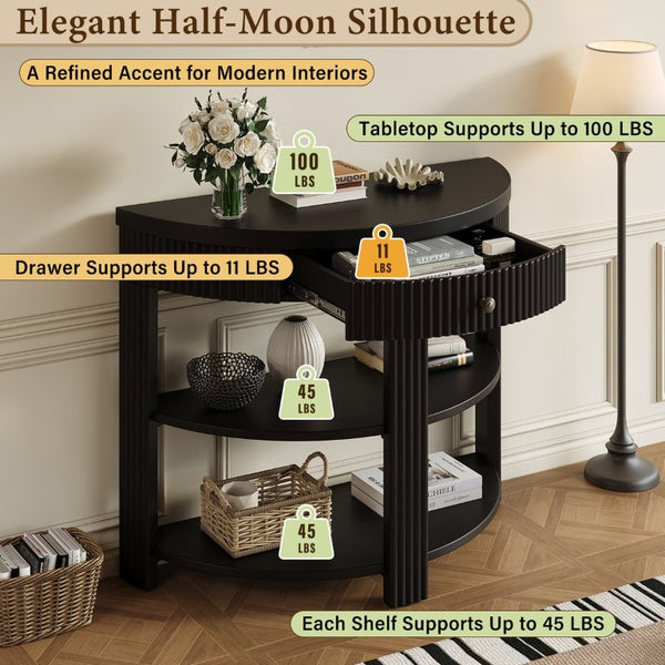 English Elm Trexm Fluted Half Moon Entryway Console with Birch Veneer Drawer and Open Shelving Black N715P482243B