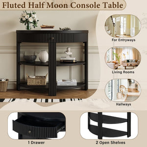 English Elm Trexm Fluted Half Moon Entryway Console with Birch Veneer Drawer and Open Shelving Black N715P482243B
