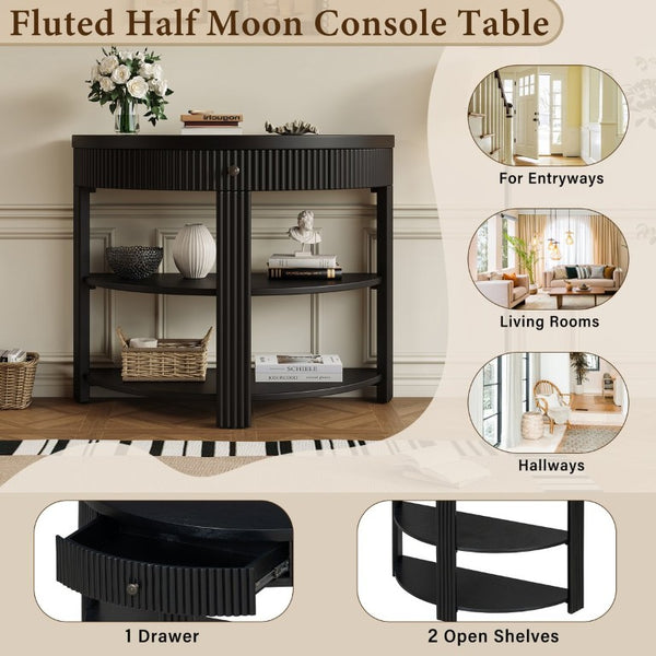 English Elm Trexm Fluted Half Moon Entryway Console with Birch Veneer Drawer and Open Shelving Black N715P482243B