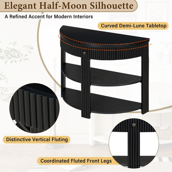 English Elm Trexm Fluted Half Moon Entryway Console with Birch Veneer Drawer and Open Shelving Black N715P482243B