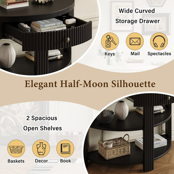 English Elm Trexm Fluted Half Moon Entryway Console with Birch Veneer Drawer and Open Shelving Black N715P482243B