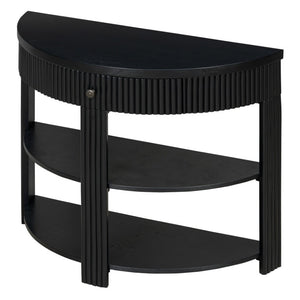 English Elm Trexm Fluted Half Moon Entryway Console with Birch Veneer Drawer and Open Shelving Black N715P482243B