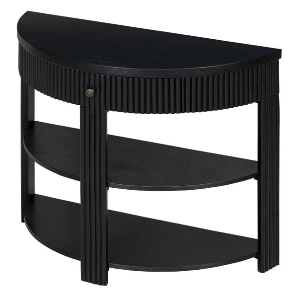 English Elm Trexm Fluted Half Moon Entryway Console with Birch Veneer Drawer and Open Shelving Black N715P482243B