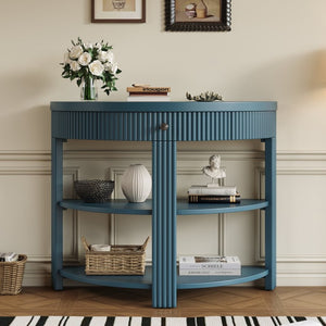 English Elm Trexm Fluted Half Moon Entryway Console with Birch Veneer Drawer and Open Shelving Navy N715P482243M