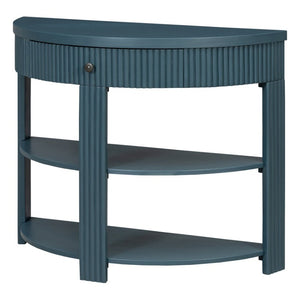 English Elm Trexm Fluted Half Moon Entryway Console with Birch Veneer Drawer and Open Shelving Navy N715P482243M