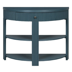 English Elm Trexm Fluted Half Moon Entryway Console with Birch Veneer Drawer and Open Shelving Navy N715P482243M