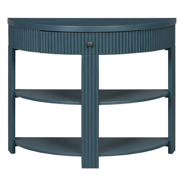 English Elm Trexm Fluted Half Moon Entryway Console with Birch Veneer Drawer and Open Shelving Navy N715P482243M