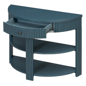English Elm Trexm Fluted Half Moon Entryway Console with Birch Veneer Drawer and Open Shelving Navy N715P482243M