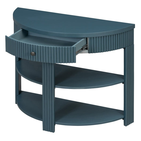 English Elm Trexm Fluted Half Moon Entryway Console with Birch Veneer Drawer and Open Shelving Navy N715P482243M