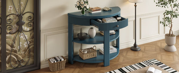 English Elm Trexm Fluted Half Moon Entryway Console with Birch Veneer Drawer and Open Shelving Navy N715P482243M