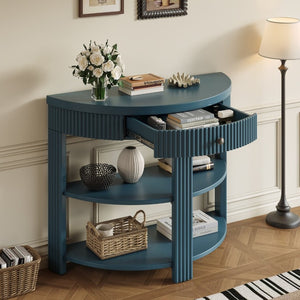 English Elm Trexm Fluted Half Moon Entryway Console with Birch Veneer Drawer and Open Shelving Navy N715P482243M