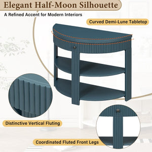 English Elm Trexm Fluted Half Moon Entryway Console with Birch Veneer Drawer and Open Shelving Navy N715P482243M
