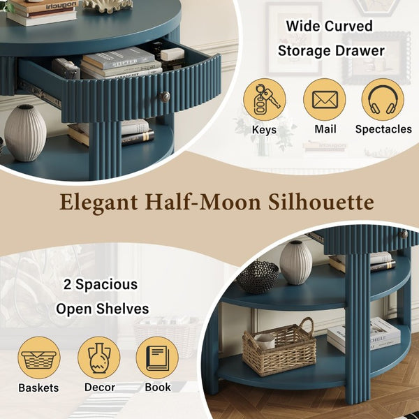 English Elm Trexm Fluted Half Moon Entryway Console with Birch Veneer Drawer and Open Shelving Navy N715P482243M