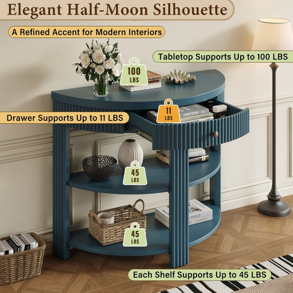 English Elm Trexm Fluted Half Moon Entryway Console with Birch Veneer Drawer and Open Shelving Navy N715P482243M