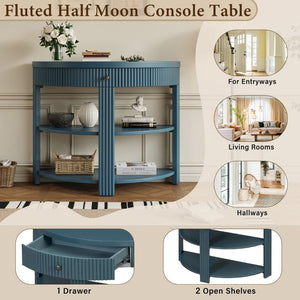 English Elm Trexm Fluted Half Moon Entryway Console with Birch Veneer Drawer and Open Shelving Navy N715P482243M