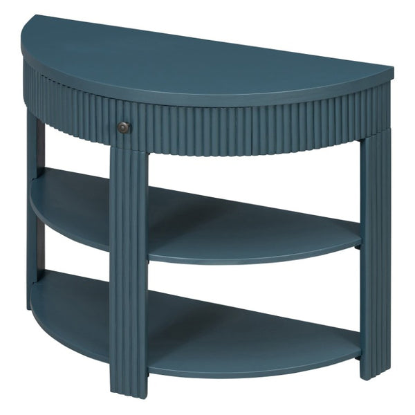 English Elm Trexm Fluted Half Moon Entryway Console with Birch Veneer Drawer and Open Shelving Navy N715P482243M