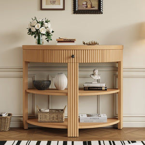 English Elm Trexm Fluted Half Moon Entryway Console with Birch Veneer Drawer and Open Shelving Natural N715P482243N