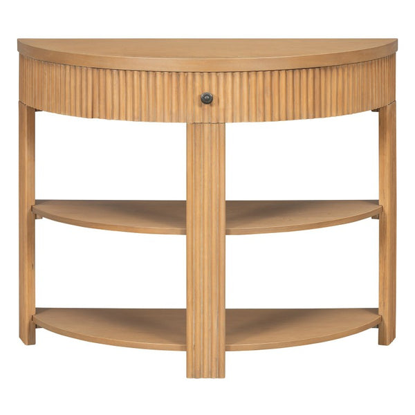 English Elm Trexm Fluted Half Moon Entryway Console with Birch Veneer Drawer and Open Shelving Natural N715P482243N