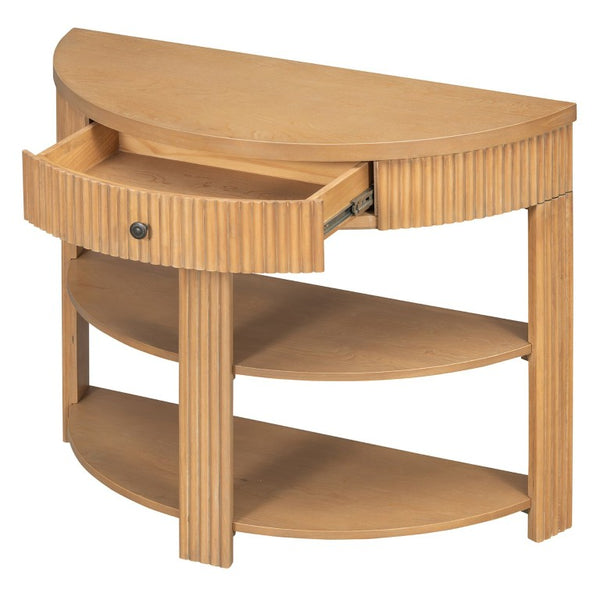 English Elm Trexm Fluted Half Moon Entryway Console with Birch Veneer Drawer and Open Shelving Natural N715P482243N