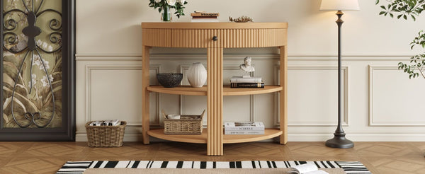 English Elm Trexm Fluted Half Moon Entryway Console with Birch Veneer Drawer and Open Shelving Natural N715P482243N