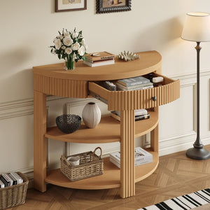 English Elm Trexm Fluted Half Moon Entryway Console with Birch Veneer Drawer and Open Shelving Natural N715P482243N