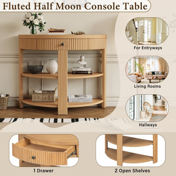 English Elm Trexm Fluted Half Moon Entryway Console with Birch Veneer Drawer and Open Shelving Natural N715P482243N
