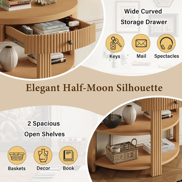 English Elm Trexm Fluted Half Moon Entryway Console with Birch Veneer Drawer and Open Shelving Natural N715P482243N