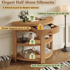 English Elm Trexm Fluted Half Moon Entryway Console with Birch Veneer Drawer and Open Shelving Natural N715P482243N